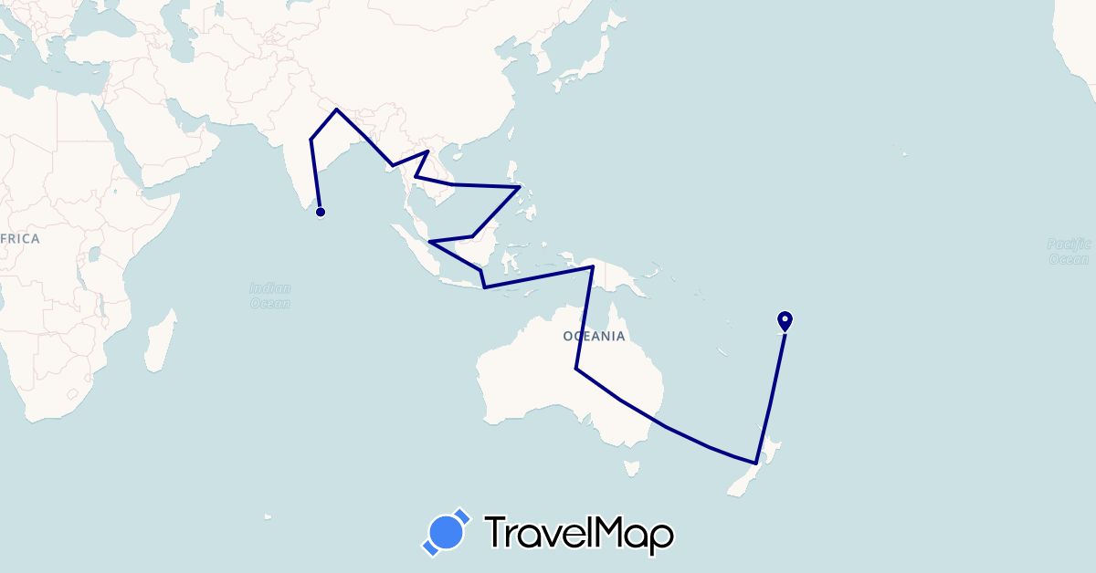 TravelMap itinerary: driving in Australia, Fiji, Indonesia, India, Laos, Sri Lanka, Myanmar (Burma), Malaysia, Nepal, New Zealand, Philippines, Singapore, Thailand, Vietnam (Asia, Oceania)